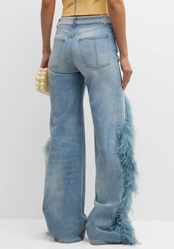DINGANG Women's Casual High Waisted Straight Leg Jeans Feather-Trim Denim Baggy Stretchy Trousers Pants2