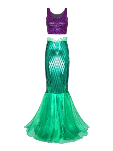 Freebily Disfraz Deluxe De Sirena Mujer Crop Top Sin Mangas + Falda De Cola Lentejuelas Brillantes Vestido De Princesa para Carnaval Fiesta Temática Halloween Verde púrpura S