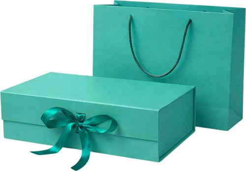 HYFY Blue Teal Gift Box With Gift Bag 32x20x10cm Large luxury Gift box Blue Laminated Gift Boxes Magnetic Closure with Ribbon with Foldable Lid boxes Wedding Gifts Birthday Wedding Gifts Packaging