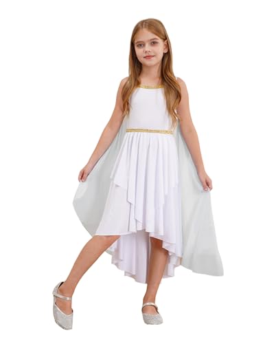 inlzdz Disfraz De Diosa Romana Griega para Niña Vestido De Princesa De Tul Asimétrico Vestido Largo Elegante De Fiesta Halloween Blanco 7-8 años