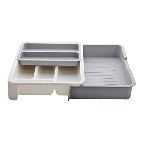 HornTide 3-in-1 Cutlery Tray, Expandable Utensils Holder, Plastic Kitchen Drawer Organizer for Silverware Storage and More - Gray - Image 7
