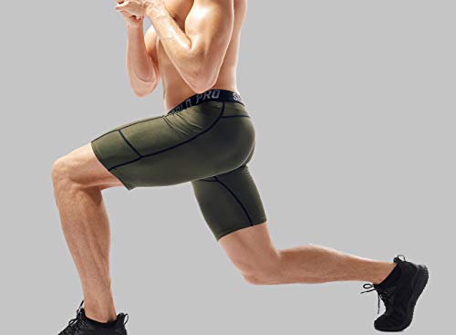 SILKWORLD Men\'s Compression Shorts Pockets Sports Running Tight,Dark Olive Green,XL