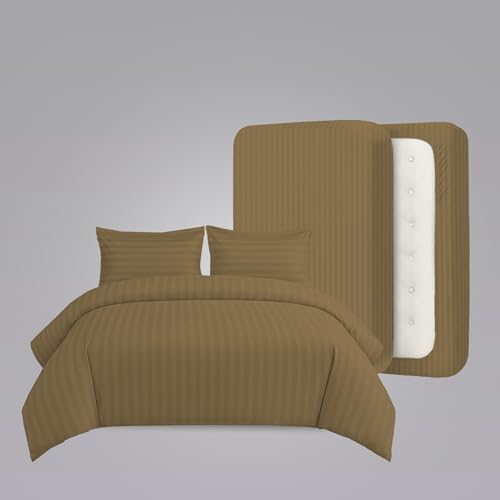 Image of LINENWALAS Cotton 300 TC Fitted Bed Sheet for King Size Bed | Signature 2 CM Sateen Stripe Design |All-Around Elastic for 4-8 Inch Mattresses | Luxury Hotel-Style Bedding (72 x 78, Mocha)