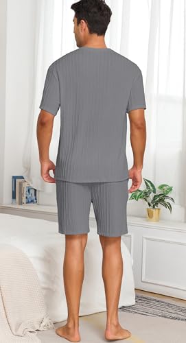 PrinStory Mens Pajamas Set Summer Pjs Sets Lightweight Short Sleeve Pajama Shorts Set Soft Sleepwear Loungewear with Pockets Dark Gray-S — view 5