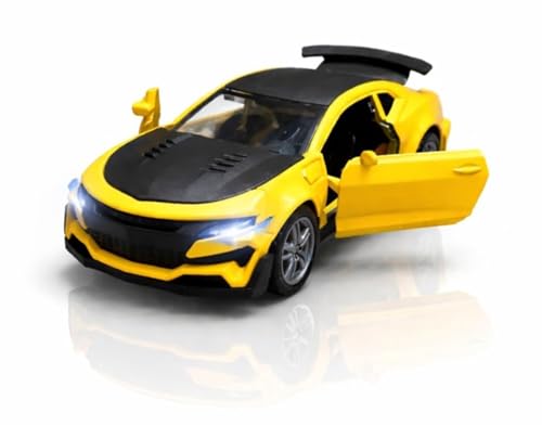 Image of Chevrolet Camaro Toy Car 1:36 Scale Diecast Metal Pull Back Vehicle with Openable Doors, Lights & Music - Sports Model for Kids, Boys & Collectors (Yellow)