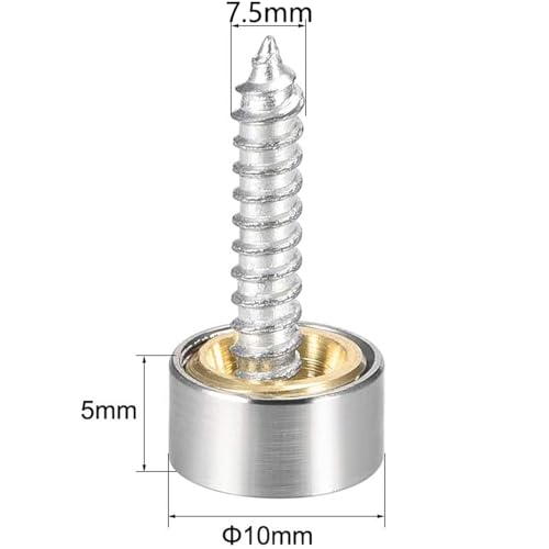 TOP-VIGOR 8Pcs Mirror Screws, 10mm Mirror Screws Cap Nail with Washers, Decorative Cap Covers Brushed Mirror Nails for Mirrors, Furniture Fittings, Tables, Wardrobes, Glass, Silver