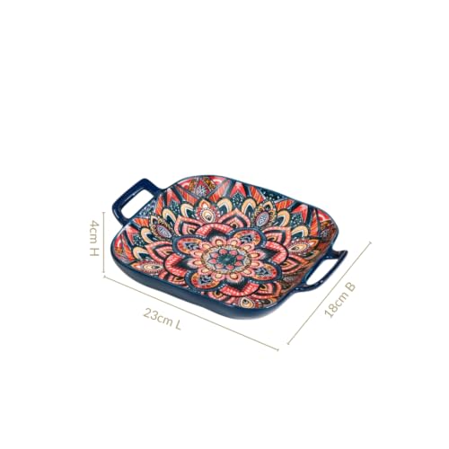 Image of Nestasia Mandala Ceramic Serving Platter with Handles - Square Floral Serving Tray with Glossy Finish | Dishwasher & Microwave Safe Serving Platter for Snacks, Salads & Starters (Blue)