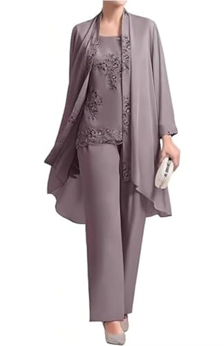 3 Pieces Mother of The Bride Pant Suits - Chiffon Plus Size Wedding Guest Dress Lace Applique Formal Outfit with Jackets Mauve Size 18W