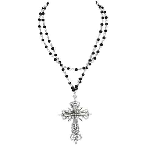 Gothic Layered Cross Necklace Black Heart Pearl Bead Cross Collar Choker Necklace for Women Halloween Gothic Jewelry Gift (Black White Silver Cross 2) Cover