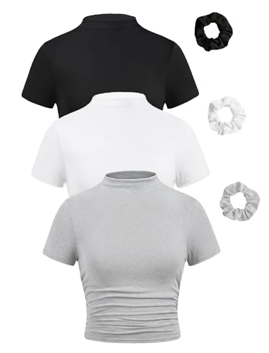 Image of EXARUS 3 Pack Girls Square Neck Top Fitted Tshirt Trendy Cute Crop Tops Tee | Cropped Tee Slim Fit Trendy Cute Stretchy Tops Short Sleeve