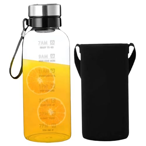 Cunlvyyds Wasserflasche mit Zeitmarker 2L Klar hohes Borosilikat -Glaswasserflaschen mit Lanyard, Hülle und abnehmbarem Filter und Leckschutz für Home, Sport, mit