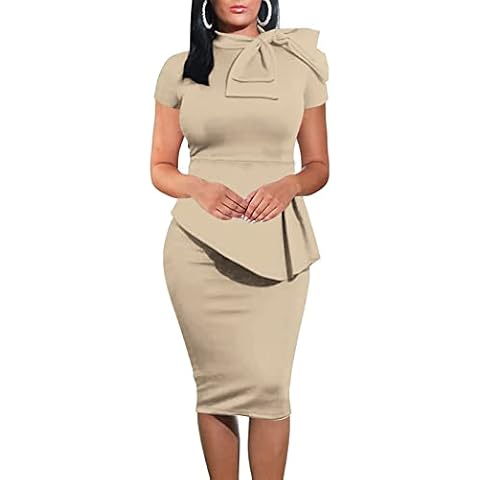 TOPONSKY Women Peplum Bow Club Ruffle Pencil Party Cocktail Formal Dress, Sc Beige, Large Cover