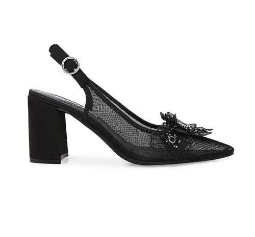Lady Couture Women's Flower Mesh Slingback Pump – Ballroom Floral Appliqué with Crystal Embellishments, Pointed Toe Block Heel Dress Shoe