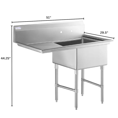 Image of Empura 51 inch Wide Stainless Steel One Compartment Commercial Sink | Utility 24 inch x 24 inch Bowl for Restaurant Laundry Hotel | 24 inch Left Drainboard, 9.75 inch Backsplash, 50.5 inchW x 29.5 inchD x 44.25 inchH, 16 Gauge, NSF