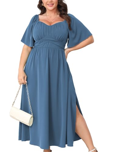 Image of CICIDUDU Plus Size Dress Wedding Guest Semi Formal Ruffle Short Sleeve Sweetheart Neckline Slit A Line Flowy Maxi Dresses