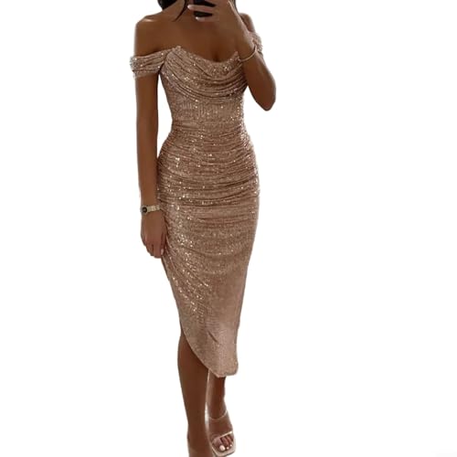 Image of Elegant Women's Off Shoulder Prom Dress Sequins Evening Dress Sleeveless V-Neck Style Suitable for Wedding Party Occasion with Light Stretch (S Gold)