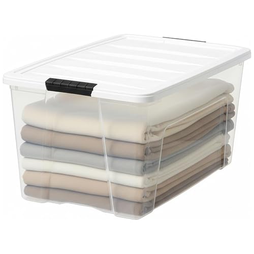 Image of IRIS USA 72 Qt Stackable Plastic Storage Bins with Lids, 8 Pack - BPA-Free, Made in USA - See-Through Organizing Solution, Latches, Durable Nestable Containers, Secure Pull Handle - Clear /White