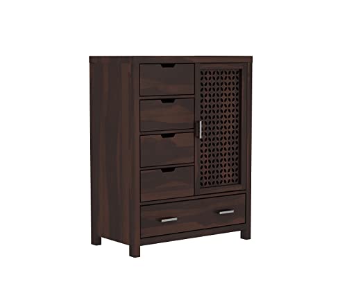 Image of Solid Sheesham Wood 5-Drawer Wooden Chest of Drawers with 2-Shelf Storage - Elegant and Spacious Dresser for Your Home (Walnut Finish)