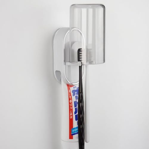【3in1吸盤】歯ブラシスタンド（2本+歯磨き粉一括収納）,防塵防水,粘着＋真空【超強力吸着】,落ちにくい,繰り返し使える,穴あけ不要,一人暮らし,家族別々,単身赴任 グッズ,洗面台,浴室,賃貸OK,浮かせて収納,ホワイト