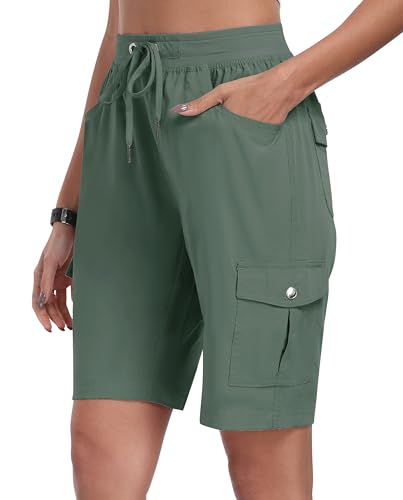 MoFiz Womens Shorts with Pockets Loose Fit Casual Cargo Shorts Lightweight Ladies Hiking Shorts Army Green M