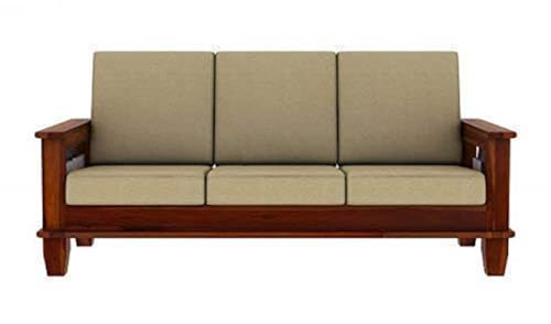 Image of Solid Sheesham Wood 3 Seater Sofa with Side Pocket | Wooden Sofa Furniture for Living Room Bedroom Office (Honey Finish, Beige Cushion)