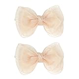 3.5-Inch Organza Hair Bows for Girls - Elegant Sheer Ribbon Alligator Clips for Toddlers, Kids, and Teens - Pack of 2, Champagne Gold
