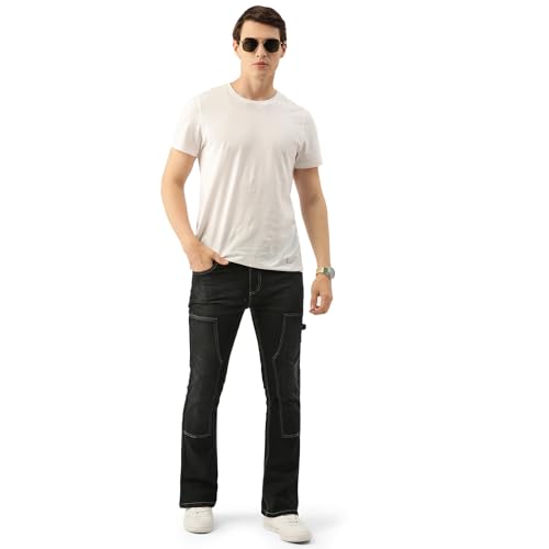 Image of PARIS HAMILTON Men Bootcut Fit Carpenter Style Bellbottom Faded Stretchable Denim Jeans