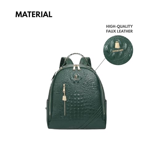 Image of Tote&Carry Apollo BFF Backpack for Women, Vegan Leather, Water-Resistant, Carry-On Luggage for Travel, Work & Daily Use (Alligator Skin, Emerald Green)