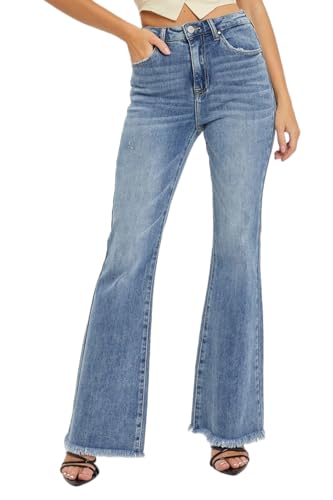 Risen Women's High Waist Raw Hem Flare Jeans