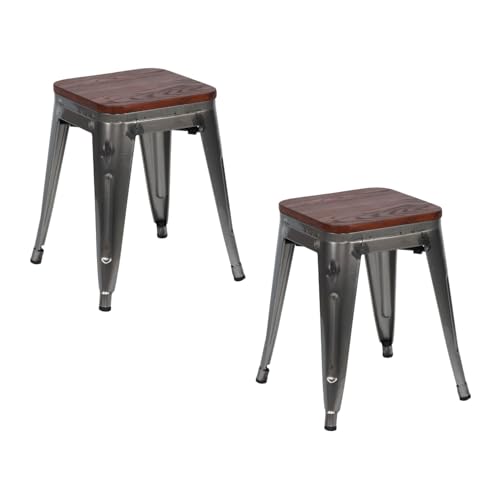 THINIA HOME Pack 2 Taburetes Bajos Industriales Apilables de Acero y Madera 38x38x46cm