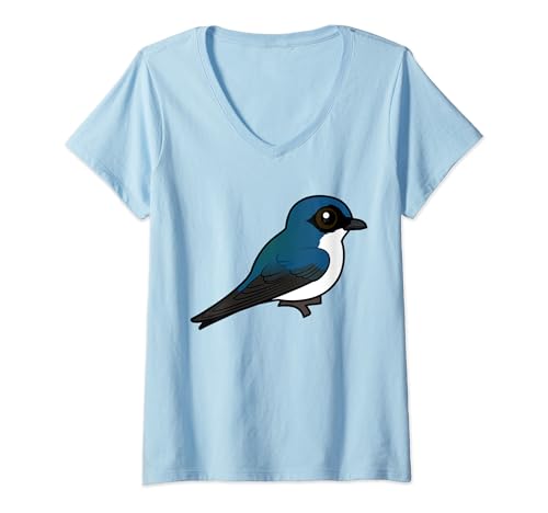 Womens Cute Cartoon Tree Swallow Birdorable Perched Bird Species V-Neck T-Shirt