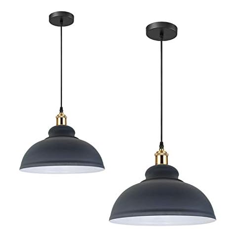Set of 2 Vintage Pendant Light Metal Curvy Lampshade Hanging Lamps Ceiling Fitting Light Fixtures E27 Bulbs Grey Finish (Grey) Cover