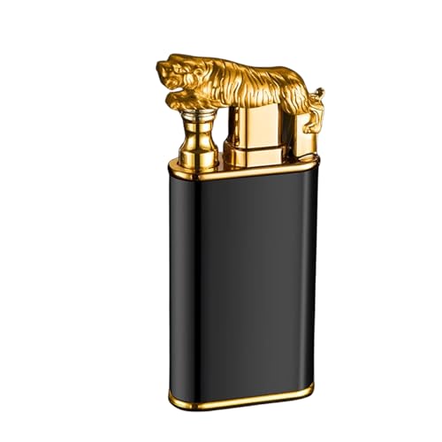 Image of Magic Double Flame Lighter, Unique Creative Metal Torch Windproof, Cool Fancy Double Jet Flame Lighters for Camping BBQ, Kitchen, Refillable Butane Lighter (Black, Lion Sytle B)