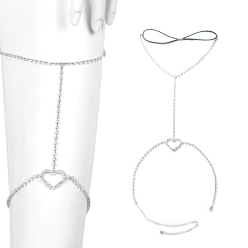 EOYVAIL Cadenas de cuerpo,Cadena de pierna con diamantes de imitación, cadena de cuerpo de cristal de corazón plateado, cadena de muslo, accesorios de joyería de bikini de fiesta (plata)