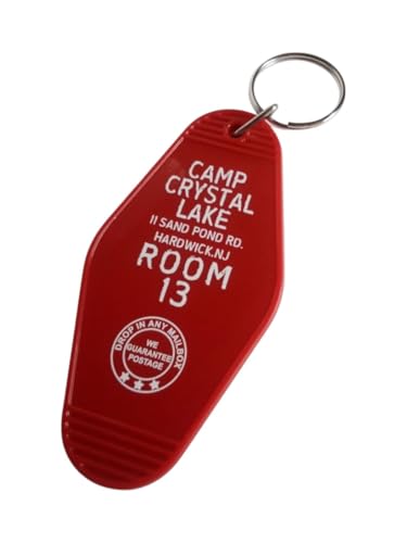 Vintage Style Collectible Movie TV Hotel Motel Keychain Inspired Fan Gifts Bates Motel Silence of the Lambs Shady Pines (Camp Crystal Lake - Dark Red with White Font)