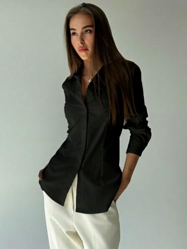 Image of OOMPH! Women Solid Cotton Shirt with Back Tie-Up Detail | Corset Style | Cinched Waist Shirt | Cotton Formal Shirt