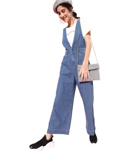 SASSAFRAS Women Deep V-Neck Denim flared Leg Jumpsuit