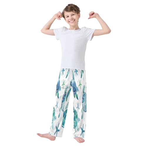 Watercolor Sea Turtles Starfish Blue Cute Lounge Pajama Pants Soft PJ Bottoms for Sleepwear Ages 6-14 Years3