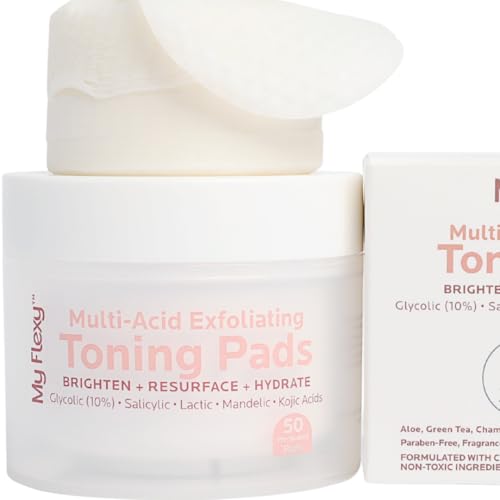 Multi Acid Toner Pads, Exfoliating Face Pads with Glycolic, Lactic, Mandelic, Kojic, & Salicylic Acid. Skin Pore Reducing, Toning, Resurfacing Facial Treatment for Wrinkles & Dull Skin - 50 Count