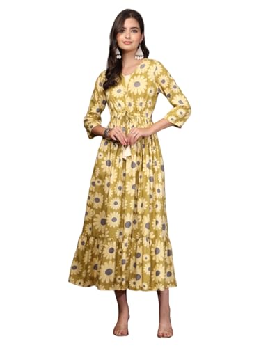 Image of Daevish Women's New Rayon Printed Tie-up Waist V Neck Flared Maxi Dress | Women Flared Dress