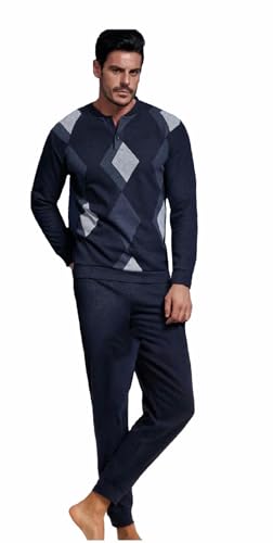 Enrico Coveri Pijama de hombre de invierno + calcetín Coveri Homenaje Pijama Hombre de Cálido Jacquard - Pijama Hombre Felpa - Pijama Hombre Hombre Invierno, 2142 Azul, XXL