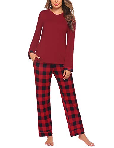 Ekouaer Women's Pj Set Sleepwear Two Piece Pajamas Tops with Long Sleep Pants Pjs Loungewear Wine Red XXL