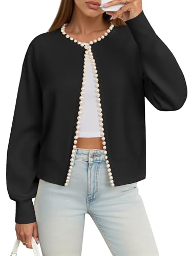 Image of Saodimallsu Womens Fall Open Front Cardigan Sweaters Pearl Long Sleeve Knit Tops Crewneck Dressy Casual Sweater Jacket