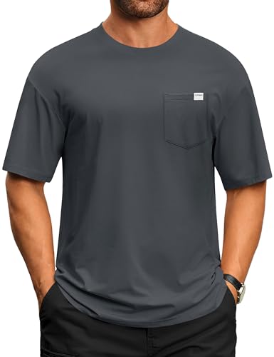 Cotrasen Men's T-Shirts Short Sleeve Crew Neck Cotton Pocket Tee Shirts UPF 50+ Casual Drop Shoulder Loose Fit Tshirts