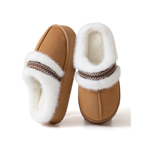 TOCONFFON Womens Slip On Fuzzy Slippers Wool-Like Lined Chenille Slippers Fluffy House Shoes with Memory Foam for Indoor and Outdoor 9-10 Brown