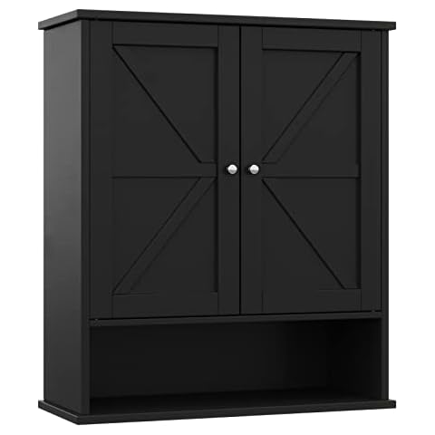 Reettic Two Door Wall Cabinet, Wooden Medicine Cabinet, Wall Mounted Bathroom Storage Cabinet with Inner Adjustable Shelf, for Bathroom, Kitchen, Entryway, Black BMGZ103B Cover
