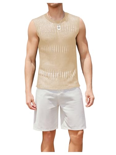 Verdusa Men's Knitted Tank Top Sleeveless Round Neck Pullover Shirt Undershirt Beige Small
