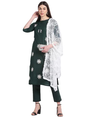 Kurta en coton avec pantalon et dupatta vert foncé ensemble femme taille XL