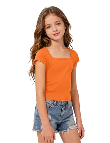 Image of Crop Tops for Girls Short Sleeve Shirt Girls Summer Tops Square Neck Slim Fit Tops Basic Tee