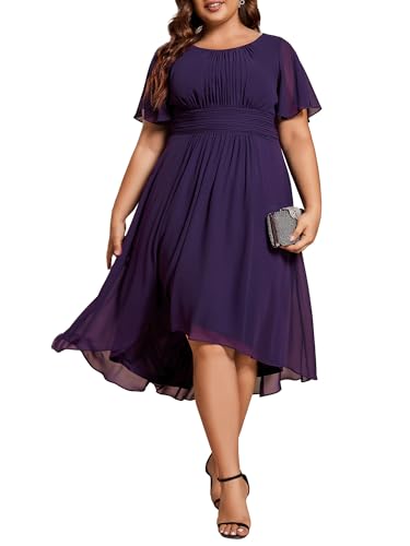 Image of Ever-Pretty Women's Plus Size Formal Wedding Guest Dresses for Curvy Women A Line Chiffon Midi High Low Cocktail Dress